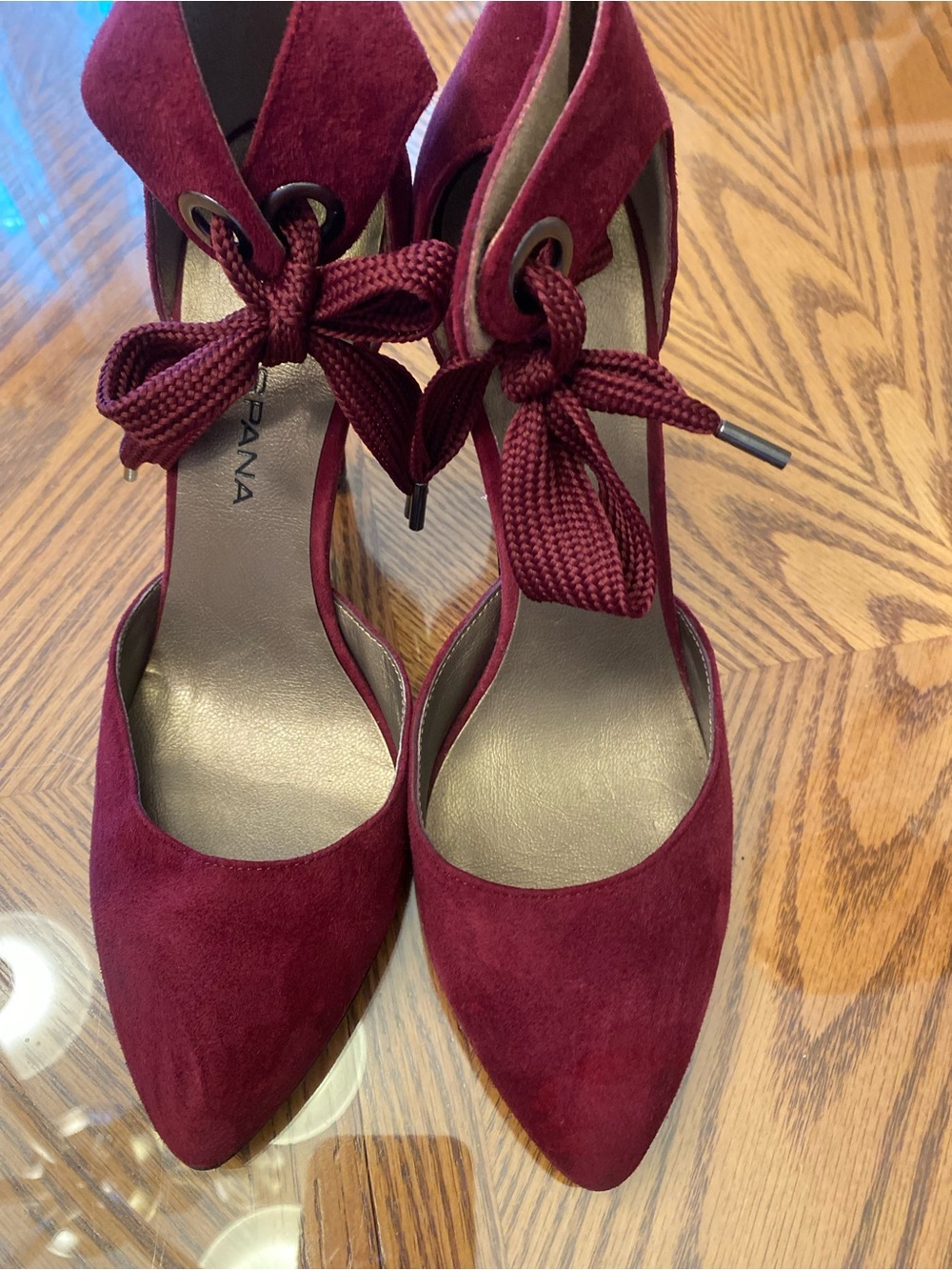 Moda Spana Burgundy Suede Pointed Toe Lace-Up Heels